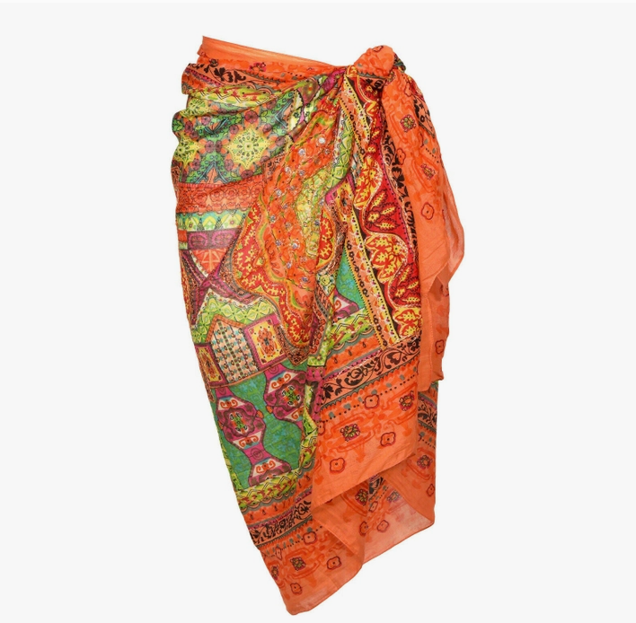 Orange Metallic Beach Wrap - Cotton, Boho Sarong.  Tied on the Side.