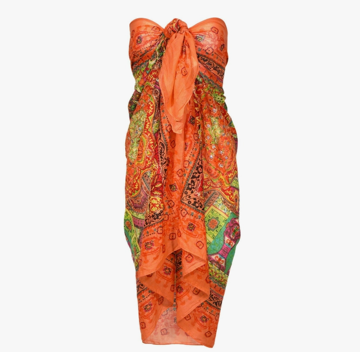 Orange Metallic Beach Wrap - Cotton, Boho Sarong. Shown as a Halter Dress.  Sequin Details