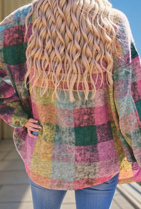 Multi-color, Brushed, Plaid Pocketed, Oversized, Shacket, Back View