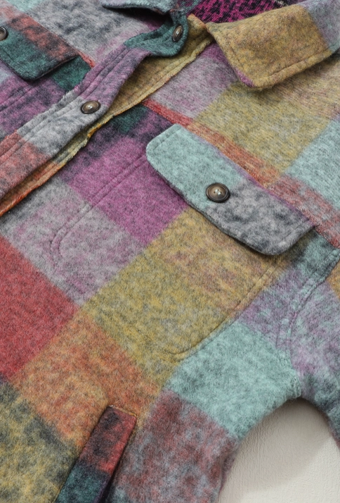 Multi-color, Brushed, Plaid, Pocketed, Oversized Shacket, Close Up  View