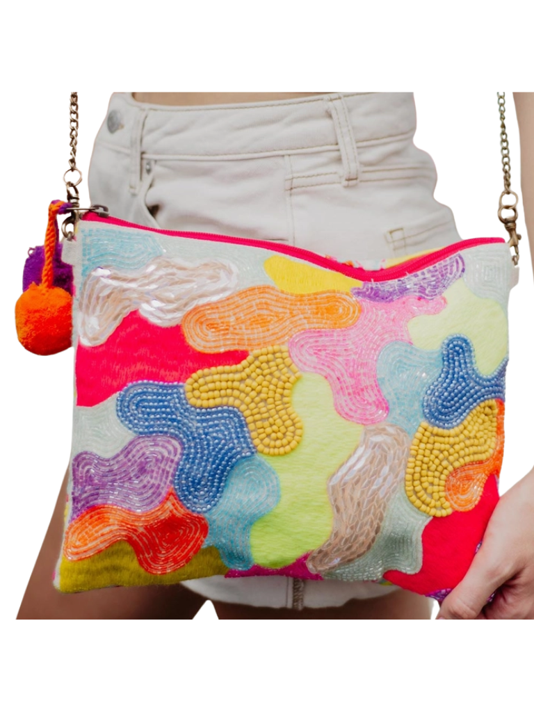 Rainbow Swirl Beaded Clutch Bag On Model