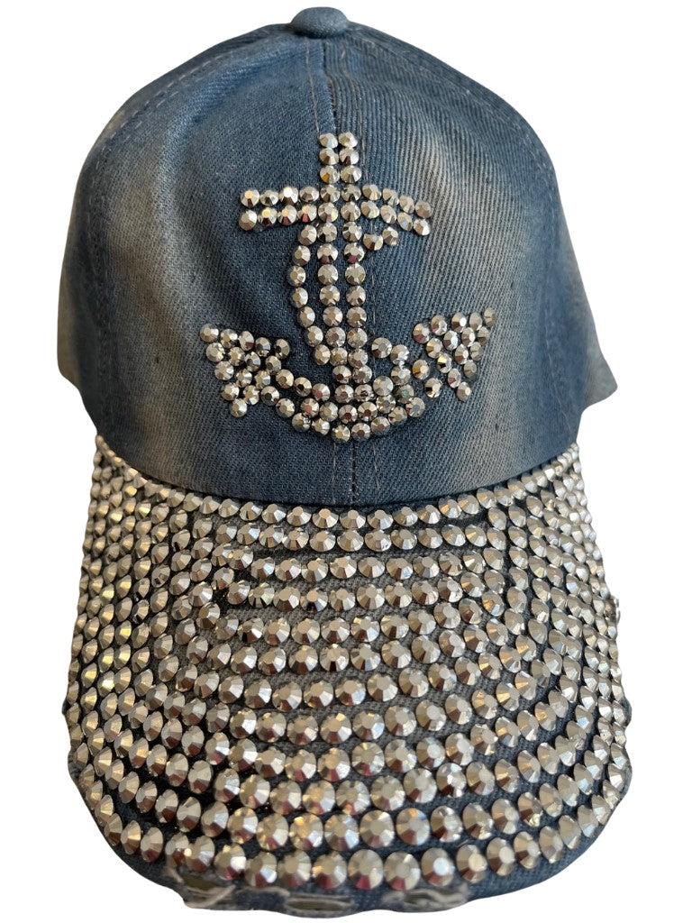 Rhinestone Studded Denim Anchor Hat Close Up