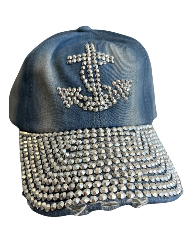 Rhinestone Studded Denim Anchor Hat Front View