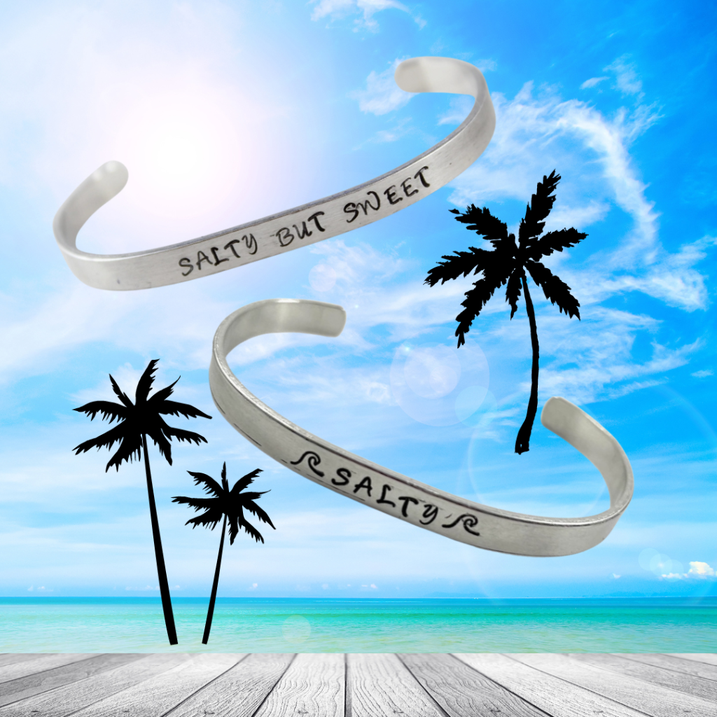 Salty and Salty But Sweet Bracelets Both Styles Shown on Beach Background