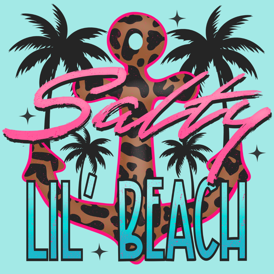 "Salty Lil' Beach" - Ladies Ideal V-Neck Short Sleeve Tee. Leopard print anchor and bright colors.  Close Up Image