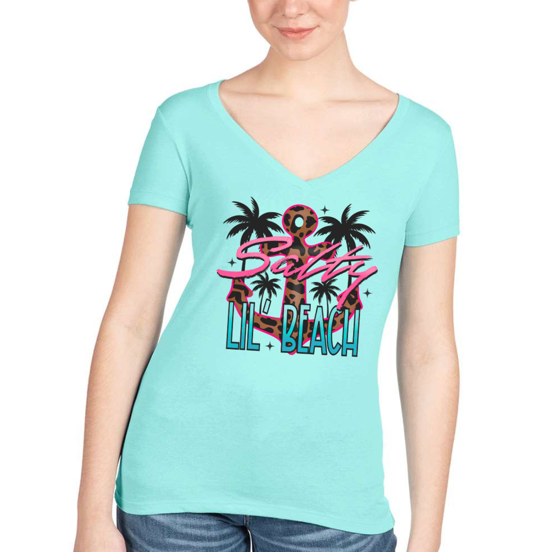 "Salty Lil' Beach" - Ladies Ideal V-Neck Short Sleeve Tee. Leopard print anchor and bright colors.  Front view