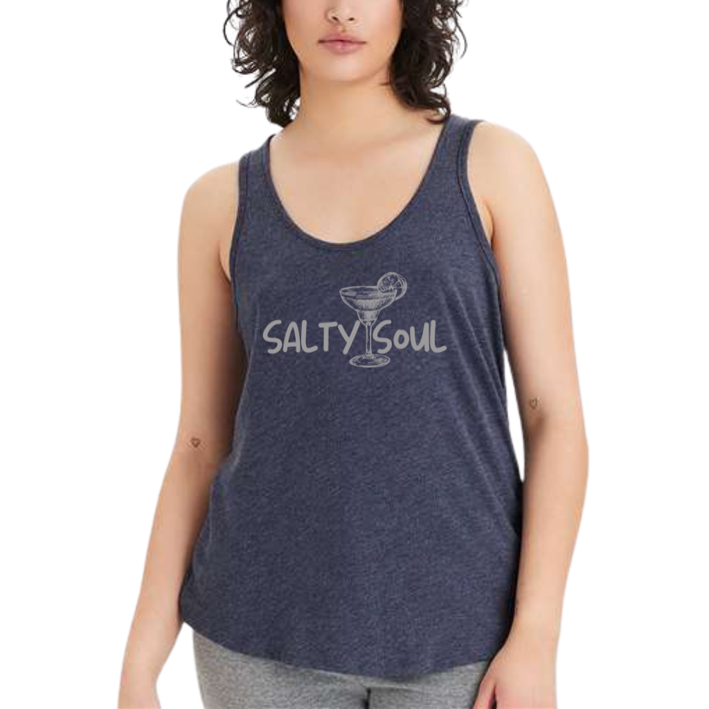 "Salty Soul" - Ladies Vintage Jersey, Classic Fit Tank with Margarita Detail Front View