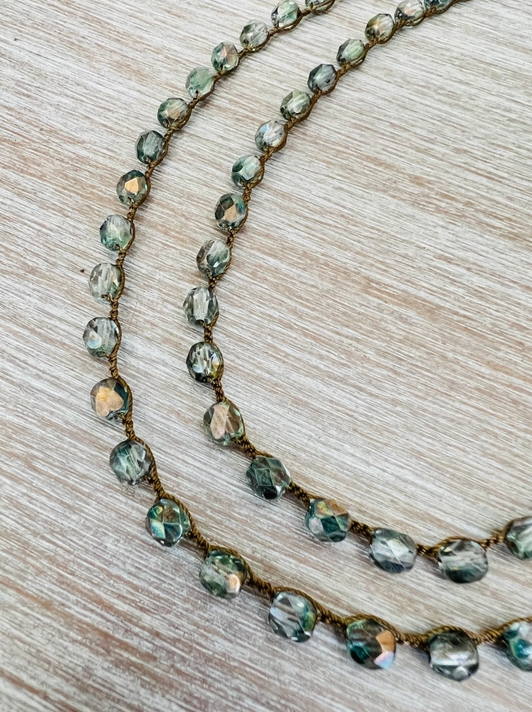 Sea Green and Grey Long Crystal Strand Necklace.