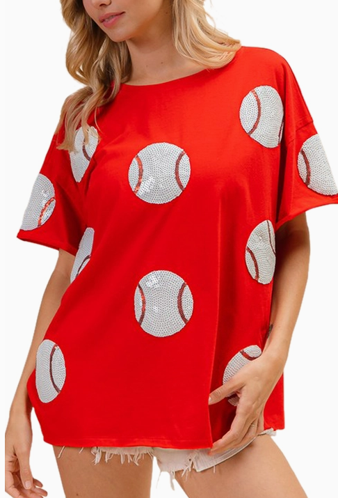 Sequins Baseball Patch Short Sleeve Oversized Tee Front View on Model