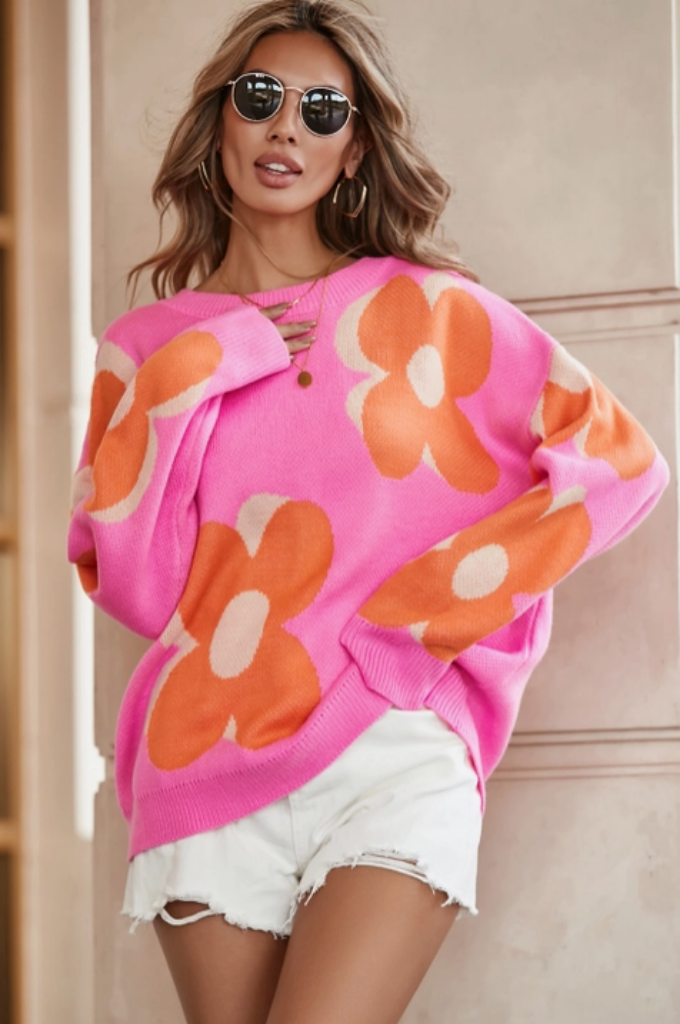 Flower Print Slouchy Sweater Front View