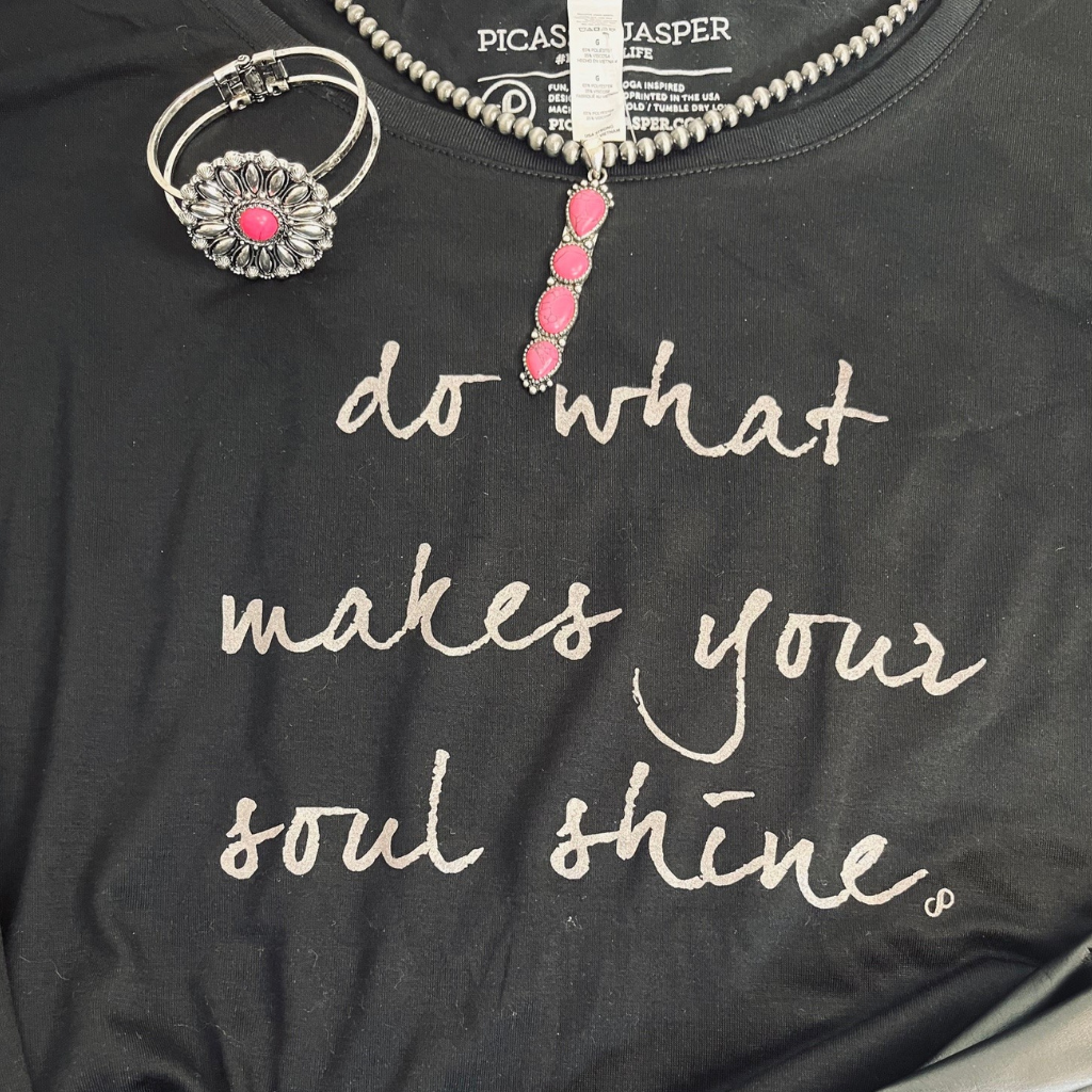 "Do What Makes Your Soul Shine" - Oversized, Flowy, Off the Shoulder Tee. Close Up with Bracelet and Necklace