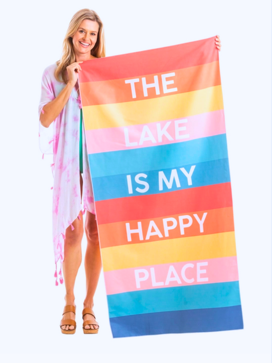 "The Lake is My Happy Place" -Double-sided , Quick Dry, Microfiber Beach Towel- Lady Standing and Holding Towel