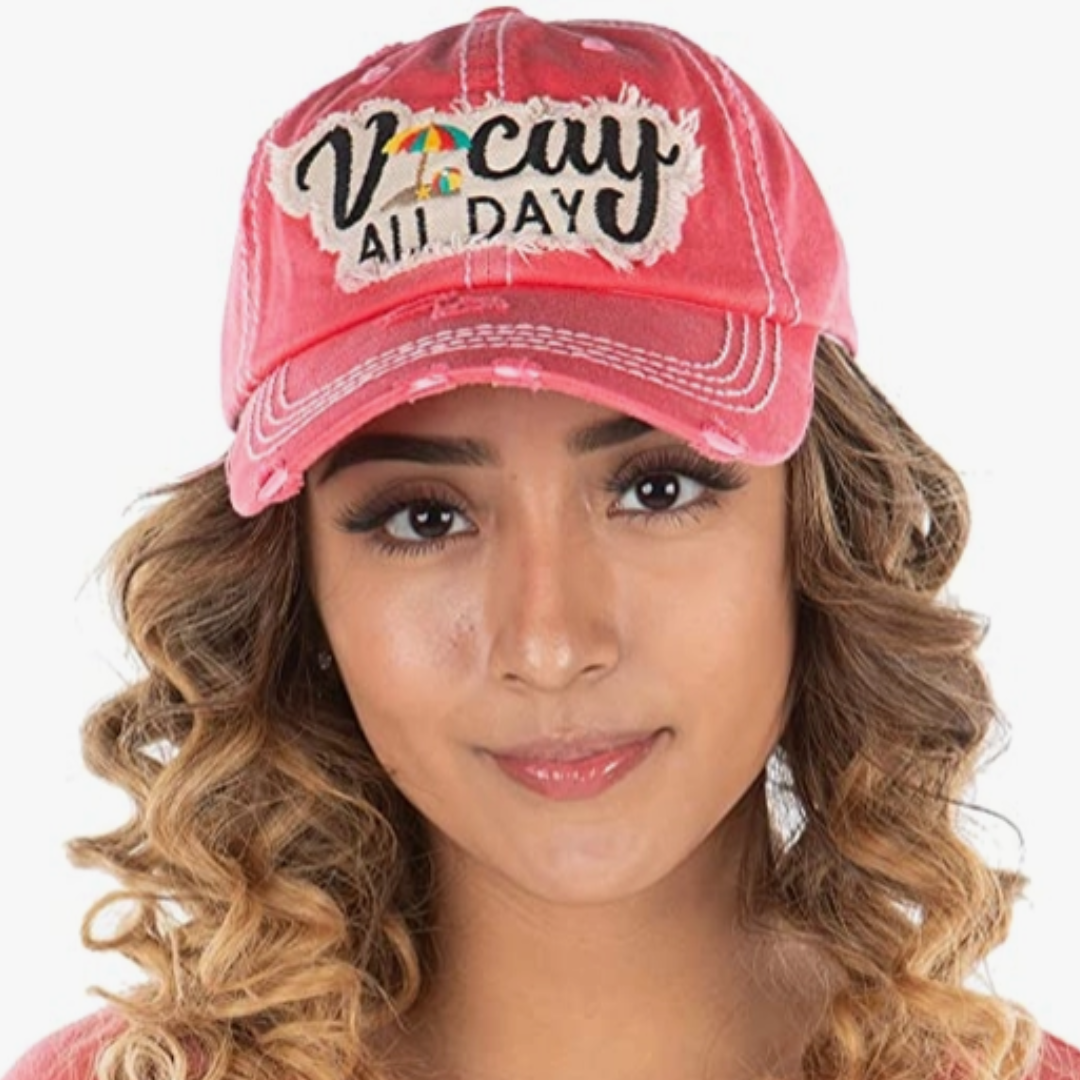 Front View of " Vacay All Day" Ladies Cap Shown on a Young Girl.