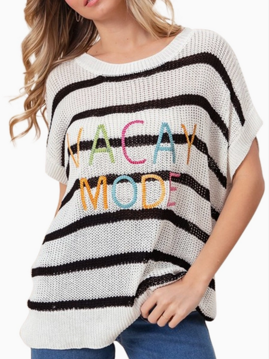 Vacay Mode Striped Drop Shoulder Sweater on Model Front View