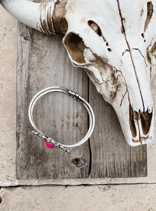 Navajo Boho Style Concho Bracelet - Fuchsia Stones in Burnished Silvertone Setting.  Top/ Side View on a Weathered Board.