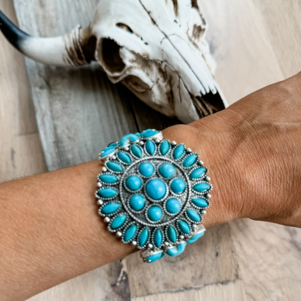 Western Boho Style Stretch Bracelet - Turquoise Stones with Burnished Silver Beads on Model's Arm.