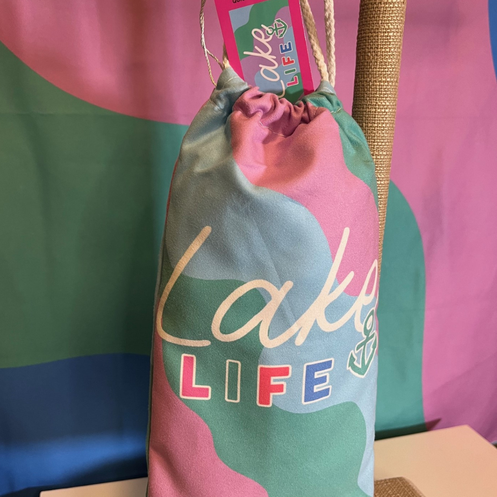 "Lake Life" - Double-sided , Quick Dry, Microfiber Beach Towel. Shown in Carrying Pouch.